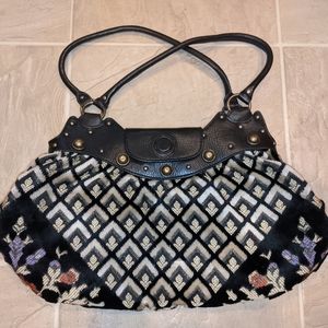 Maxximum Black Gold Floral Brocade & Leather Shoulder Bag Purse Double Strap
